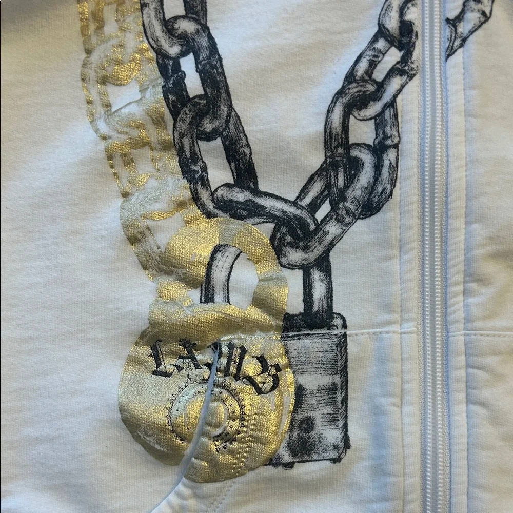 White Zip Hoodie with Black Chain Print & Gold Accent - Picture 3 of 5